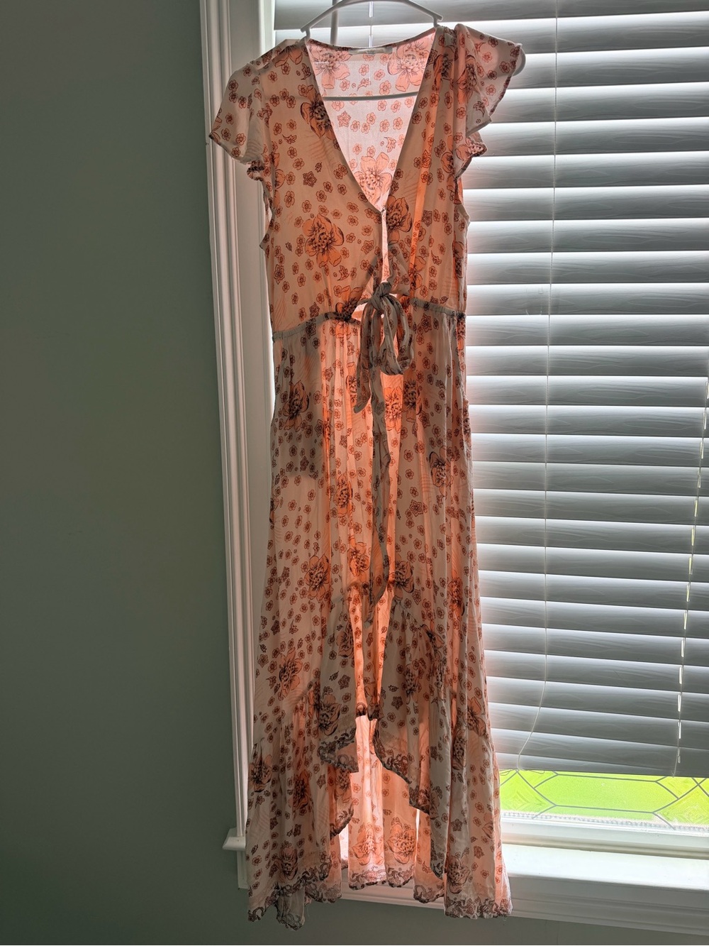 Olivaceous Peach Floral High-Low Tie-Waist Maxi Dress